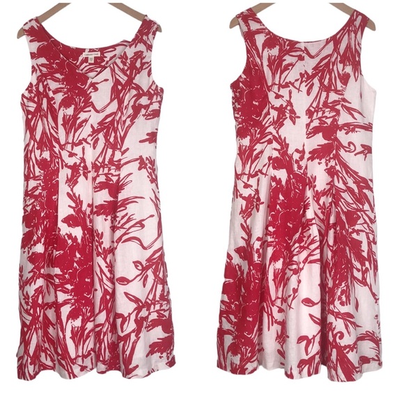 Coldwater Creek Dresses & Skirts - Coldwater Creek Linen Fit Flare Red White Dress Sundress Abstract Floral Size 12